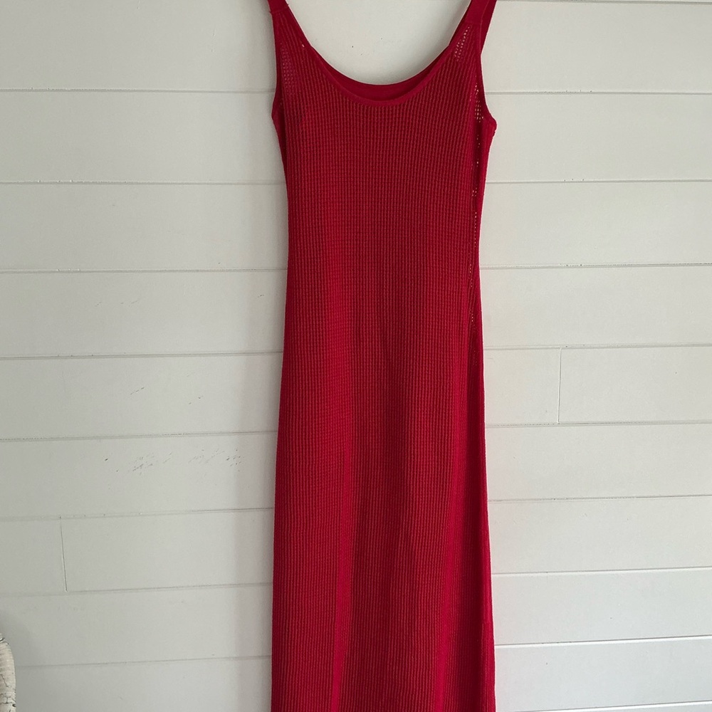 STAUD Red Sheath Midi Dress Scoop Neck Sleeveless
